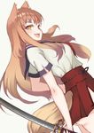  :d animal_ear_fluff animal_ears brown_hair fang fate/extra fate/extra_ccc fate/extra_ccc_fox_tail fate_(series) fox_ears fox_tail g.h_(gogetsu) highres katana long_hair looking_at_viewer open_mouth short_sleeves smile solo suzuka_gozen_(fate) sword tail weapon yellow_eyes 