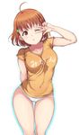  ahoge alp blush braid breasts cameltoe clothes_writing collarbone commentary_request covered_navel hair_ornament love_live! love_live!_sunshine!! medium_breasts no_pants one_eye_closed open_mouth panties red_eyes shiny shiny_hair shiny_skin shirt short_hair simple_background solo t-shirt takami_chika thigh_gap underwear v_over_eye white_background white_panties 