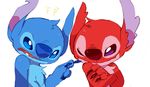  2012 4_fingers alien angry blue_claws blue_eyes blue_fur blue_nose chest_tuft claws crossed_arms derimiko digital_media_(artwork) disney duo experiment_(species) fangs frustrated fur head_tuft leroy_(lilo_and_stitch) lilo_and_stitch notched_ear one_eye_closed open_mouth pointing purple_eyes red_claws red_fur red_nose simple_background smile smirk stitch tuft white_background wink 