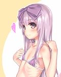  3.1-tan aoi_kumiko bikini blush bow eyebrows_visible_through_hair eyes_visible_through_hair flat_chest hair_bow heart highres long_hair looking_at_viewer micro_bikini os-tan pink_eyes purple_bikini purple_hair ribs smile solo swimsuit upper_body 