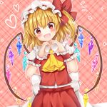  :d absurdres ascot bangs blonde_hair flandre_scarlet hat hat_ribbon head_tilt heart heart_hands highres looking_at_viewer mob_cap open_mouth plaid plaid_background puffy_short_sleeves puffy_sleeves red_eyes red_ribbon red_skirt ribbon shirt short_sleeves skirt skirt_set smile solo star suigetsu_(watermoon-910) touhou vest white_shirt wings wrist_cuffs 