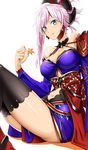  bad_id bad_pixiv_id bare_shoulders black_legwear blue_eyes breasts cleavage eyebrows_visible_through_hair fate/grand_order fate_(series) koko_shiguma large_breasts looking_at_viewer miyamoto_musashi_(fate/grand_order) navel pink_hair sash simple_background sitting smile solo thighhighs white_background 