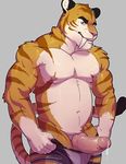  2017 anthro balls biceps brown_eyes brown_skin brown_stripes brown_tail clenched_teeth clothing dripping erection fangs feline front_view grey_background holding_object knot knuxlight long_tail looking_at_viewer male mammal manly markings multicolored_skin multicolored_tail muscular muscular_male nipples nude pecs penis pink_nose pink_penis pose precum saber-toothed_cat sharp_teeth simple_background solo striped_tail stripes teeth thick_thighs underwear underwear_down white_skin white_tail 