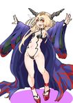  blonde_hair breasts cosplay fangs fate/grand_order fate_(series) full_body hair_ornament highres horns ibuki_suika japanese_clothes kimono long_hair looking_at_viewer mersoleil03 navel open_clothes open_kimono open_mouth orange_eyes outstretched_arms revealing_clothes sandals shuten_douji_(fate/grand_order) shuten_douji_(fate/grand_order)_(cosplay) simple_background small_breasts smile solo standing teeth tongue touhou trait_connection white_background wide_sleeves 