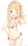  ;d ass_visible_through_thighs bikini blonde_hair blush breasts brown_eyes commentary_request covered_nipples cowboy_shot drill_hair eromanga_sensei fang front-tie_top groin hand_on_hip isegawa_yasutaka long_hair looking_at_viewer navel one_eye_closed open_mouth pointy_ears ponytail side-tie_bikini simple_background small_breasts smile solo striped striped_bikini swimsuit twin_drills v v-shaped_eyebrows white_background yamada_elf yellow_eyes 