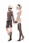  1girl aki663 ass bangs bare_shoulders black_legwear blindfold breasts cleavage_cutout collar commentary_request couple full_body gloves headband hetero highres holding_hands legs_apart leotard medium_breasts mole mole_under_mouth nier_(series) nier_automata parted_lips shirt short_hair shorts silver_hair simple_background socks standing strapless strapless_leotard thighhighs white_hair white_leotard yorha_no._2_type_b yorha_no._9_type_s 
