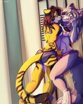  5_fingers anthro breasts brown_hair canine cat detailed_background dog duo feline female female/female fingering fur hair mammal nipples pink_hair pink_nose standing tai_lung_(artist) teeth yellow_eyes yellow_fur 
