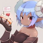  armor bad_id bad_twitter_id black_gloves blue_hair blush cake character_request choker copyright_request eyebrows_visible_through_hair fang flag food fruit gloves happy_birthday holding holding_food horns looking_at_viewer okayparium pointy_ears red_eyes slice_of_cake solo strawberry 
