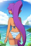  absurdres arms_at_sides artist_name ass back bikini blue_sky breasts cloud commentary cowboy_shot dark_skin day dimples_of_venus earrings facing_away from_behind highres island jewelry long_hair medium_breasts ocean outdoors palm_tree pointy_ears ponytail purple_hair sarukaiwolf shantae_(character) shantae_(series) shoulder_blades side-tie_bikini sky solo striped striped_bikini swimsuit tree very_long_hair wading water 