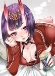  barefoot bob_cut breasts cleavage eyebrows_visible_through_hair fang fate/grand_order fate_(series) glass highres horns jacket looking_at_viewer lying medium_breasts nail_polish oni oni_horns purple_eyes purple_hair red_nails shime short_hair shuten_douji_(fate/grand_order) smile solo 