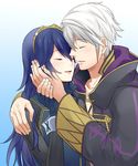  1girl blue_hair blush cape closed_eyes fingerless_gloves fire_emblem fire_emblem:_kakusei gloves long_hair lucina male_my_unit_(fire_emblem:_kakusei) mejiro my_unit_(fire_emblem:_kakusei) open_mouth short_hair smile tiara white_hair 