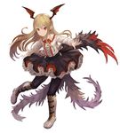  ame_sagari bat_wings black_skirt blonde_hair blush commentary_request fang flower frilled_skirt frills granblue_fantasy head_wings long_hair long_sleeves outstretched_arms petticoat pointy_ears red_eyes red_flower red_rose rose shirt skirt smile solo spread_arms vampire vampy white_shirt wings 