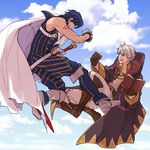  2boys book cape cloak cloud fire_emblem fire_emblem:_kakusei floating holding krom male_my_unit_(fire_emblem:_kakusei) multiple_boys my_unit_(fire_emblem:_kakusei) nezumoto sky sword weapon 