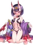  ankle_ribbon ass_visible_through_thighs bare_shoulders barefoot barefoot_sandals branch breasts cherry cup fang_out fate/grand_order fate_(series) food fruit full_body gourd grapes hair_ornament holding holding_food holding_fruit horns japanese_clothes kimono kneeling looking_at_viewer matanonki mouth_hold navel oni oni_horns peach purple_eyes purple_hair red_ribbon ribbon sakazuki short_hair shuten_douji_(fate/grand_order) simple_background small_breasts smile solo thigh_gap white_background wide_sleeves 