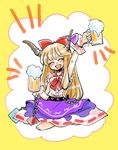  :d arm_up barefoot beer_mug bow bowtie closed_eyes commentary cup facing_viewer fang full_body hair_bow highres holding holding_cup horn_bow horns ibuki_suika indian_style komaku_juushoku open_mouth purple_bow purple_skirt red_bow red_neckwear shirt sitting skirt sleeveless smile solo torn_clothes torn_sleeves touhou white_shirt yellow_background 