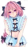  astolfo_(fate) bloomers blush braid fate/apocrypha fate_(series) hair_ribbon highres long_hair looking_at_viewer male_focus navel otoko_no_ko pink_hair purple_eyes ribbon shisei_(kyuushoku_banchou) single_braid solo underwear 