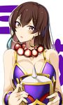  bad_id bad_pixiv_id bare_shoulders blush bracer breasts brown_eyes brown_hair cleavage earrings fate/grand_order fate_(series) hat hat_removed headwear_removed jewelry koko_shiguma large_breasts long_hair looking_at_viewer necklace open_mouth xuanzang_(fate/grand_order) 