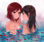  artist_name bangs black_hair breasts cleavage hair_down hand_in_another's_hair holding_hands hyugo interlocked_fingers long_hair looking_at_another love_live! love_live!_school_idol_project medium_breasts multiple_girls nishikino_maki nude partially_submerged petals petals_on_liquid purple_eyes red_eyes red_hair rose_petals shared_bathing short_hair yazawa_nico yuri 