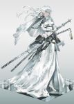  1girl armor belt belt_pouch blue_eyes bridal_veil dress floral_print full_body high_heels highres japanese_armor katana long_hair original pouch sheath sheathed skin_tight snap-fit_buckle solo swav sword toeless_legwear veil weapon wedding_dress white_dress white_hair white_theme 