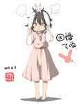  =3 angry animal animal_ears animal_on_head barefoot black_hair bunny bunny_ears bunny_girl carrot_necklace character_name dated dress ear_pull hair_between_eyes inaba_tewi inuno_rakugaki looking_at_viewer on_head pink_dress pout puffy_short_sleeves puffy_sleeves red_eyes short_hair short_sleeves solo standing tearing_up touhou white_background 