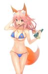  animal_ears ass_visible_through_thighs bikini blue_bikini breasts cleavage collarbone fang fate/extra fate/grand_order fate_(series) fox_ears fox_tail groin hand_in_hair large_breasts long_hair looking_at_viewer mogullaz navel open_mouth pink_hair simple_background solo swimsuit tail tamamo_(fate)_(all) tamamo_no_mae_(fate) tamamo_no_mae_(swimsuit_lancer)_(fate) thigh_gap white_background yellow_eyes 