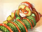  arms_(game) artist_name ass bangs beanie blonde_hair blunt_bangs blush bob_cut breasts chinese_clothes closed_mouth domino_mask dragon dragon_(arms) eastern_dragon food green_eyes green_shirt hat itadaku knit_hat lips looking_away looking_up lying mask medium_breasts min_min_(arms) noodles nose on_stomach orange_hat ringed_eyes shirt short_hair short_sleeves smile solo thick_eyebrows turtleneck 
