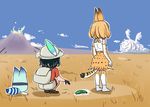  absurdres animal_ears backpack bag black_gloves black_hair cloud cucumber day elbow_gloves gloves hat hat_feather helmet high-waist_skirt highres kaban_(kemono_friends) kemono_friends lucky_beast_(kemono_friends) mountain multiple_girls no_legwear outdoors pith_helmet plains_zebra_(kemono_friends) red_shirt rogubo savanna_striped_giant_slug_(kemono_friends) savannah serval_(kemono_friends) serval_ears serval_print serval_tail shirt short_hair shorts skirt sleeveless sleeveless_shirt slug striped_tail tail 