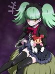  biburi_(precure) black_hairband black_legwear black_skirt bow bowtie character_doll chiba_chiemi frilled_hairband frills gothic_lolita green_hair hairband harukaze_doremi kirakira_precure_a_la_mode lolita_fashion looking_at_viewer ojamajo_doremi precure red_bow red_neckwear seiyuu_connection sitting skirt smile solo thighhighs tj-type1 twintails yellow_eyes zettai_ryouiki 