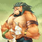  2017 abs biceps big_muscles clothed clothing digital_media_(artwork) facial_hair feline jade_nord lion male mammal muscular muscular_male nipples pecs topless 