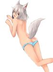  absurdres animal_ears ass blue_panties butt_crack commentary_request eyebrows_visible_through_hair flat_ass from_behind hair_between_eyes highres koretsuki_azuma looking_at_viewer looking_back open_mouth original panties panty_pull paw_pose red_eyes silver_hair simple_background solo tail topless underwear underwear_only white_background white_hair wolf_ears wolf_tail 