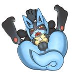  anus backsack balls blue_fur blush butt censored convenient_censorship feral fur haganedon hands_behind_head ineffective_censorship legs_up looking_at_viewer lucario lying male nintendo on_back open_mouth pok&eacute;mon presenting presenting_hindquarters red_eyes solo sweat tail_censorship teeth video_games 