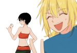  1boy 1girl back belt black_hair blonde_hair breasts eyes_closed headband midriff open_mouth purple_eyes rutee_katrea short_hair short_shorts shorts stahn_aileron tales_of_(series) tales_of_destiny 