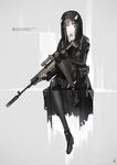  fingerless_gloves full_body gloves grey_eyes grey_hair gun hooded_coat long_coat looking_at_viewer neco original rifle science_fiction short_hair simple_background sitting solo thighhighs weapon 