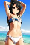  arms_behind_back arms_up bangs bare_arms bare_shoulders bikini black_eyes black_hair blue_bikini_top blue_sky blush cameltoe closed_mouth cloud cloudy_sky collarbone day eyebrows eyebrows_visible_through_hair flat_chest highres long_hair looking_at_viewer matsunaga_kouyou mismatched_bikini navel original outdoors side-tie_bikini sky smile solo standing swimsuit water white_bikini_bottom 