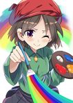  &gt;:) ;) adeleine beret blush brown_eyes brown_hair e.o. hat highres holding holding_paintbrush kirby_(series) kirby_64 looking_at_viewer one_eye_closed paintbrush rainbow short_hair smile solo v-shaped_eyebrows 