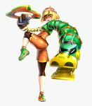  arms_(game) ass bangs beanie bike_shorts blonde_hair chinese_clothes domino_mask dragon_(arms) facepaint food full_body gonzarez green_eyes hat highres leggings legwear_under_shorts looking_at_viewer mask min_min_(arms) noodles ramram_(arms) short_hair shorts solo white_background 