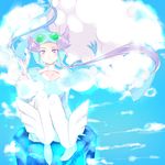  1girl altaria aviator_goggles bird cleavage cloud gloves goggles gym_leader hand_on_head long_hair nagi_(pokemon] pokemon pokemon_(creature) pokemon_(game) pokemon_oras ponytail purple_eyes purple_hair sitting sky 