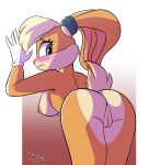  2018 against_wall anthro areola bent_over blonde_hair blue_eyes blush breasts butt clothing countershade_torso countershading embarrassed eyelashes female floppy_ears fur gloves gradient_background hair ikaribunbun lagomorph lola_bunny looking_back looney_tunes mammal nipples pink_nose presenting presenting_hindquarters presenting_pussy pussy rabbit raised_arm rear_view simple_background solo tan_fur tied_ears warner_brothers 
