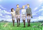  2girls :d arm_up blonde_hair boots bottle brown_footwear brown_hair brown_shirt cloud cloudy_sky collared_shirt commentary_request day dress_shirt field flower forest gelgar_(shingeki_no_kyojin) grass grey_pants henning_(shingeki_no_kyojin) highres holding holding_bottle holster leaning_forward lens_flare looking_at_another looking_up lynne_(shingeki_no_kyojin) military military_uniform multiple_boys multiple_girls nanaba nature official_art open_mouth outdoors pants paradis_military_uniform rock shingeki_no_kyojin shirt short_hair sky smile suspenders thigh_holster tree uniform walking white_shirt 