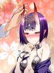  1girl bare_shoulders blush bob_cut breasts closed_mouth ebido eyebrows_visible_through_hair fate/grand_order fate_(series) hetero highres horn_grab hornjob horns oni oni_horns pale_skin pointy_ears purple_eyes purple_hair short_hair shuten_douji_(fate/grand_order) small_breasts solo_focus upper_body wavy_mouth 