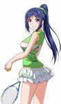  &gt;:) ball blue_hair commentary_request frilled_skirt frills from_side green_scrunchie hair_ornament hairclip holding holding_ball layered_skirt long_hair long_ponytail looking_at_viewer love_live! love_live!_sunshine!! matsuura_kanan miniskirt polka_dot polka_dot_scrunchie ponytail purple_eyes racket scrunchie shirt sidelocks simple_background skirt smile solo sportswear striped striped_shirt tennis_ball tennis_racket tennis_uniform v-shaped_eyebrows white_background yopparai_oni 