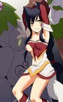  1girl ahri ap@meito areolae armpits arms_up black_hair blush breasts breasts_outside clenched_teeth fox_girl highres imminent_sex ivern kitsune league_of_legends long_hair medium_breasts navel nipples one_breast_out restrained sweatdrop torn_clothes yellow_eyes 