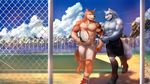  2016 abs biceps big_muscles canine clothed clothing digital_media_(artwork) fuwayuuko hair kemono male mammal muscular muscular_male pecs shorts tattoo tennis topless wolf 