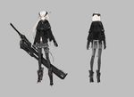  armor armored_boots black_legwear black_skirt boots capelet closed_mouth full_body green_eyes grey_background grey_hair headgear holster jacket long_hair long_sleeves miniskirt multiple_views neco original pantyhose pleated_skirt science_fiction sheath sheathed simple_background sketch skinny skirt sword thigh_holster weapon 