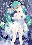  :o arm_at_side bangs blurry blush breasts collarbone colored_eyelashes commentary_request curtains earrings emerald front-seamed_legwear gem gradient_hair green_eyes green_hair hair_ornament hair_scrunchie hand_up hatsune_miku head_tilt highres jewelry leotard light_particles long_hair looking_at_viewer looking_back multicolored_hair off_shoulder parted_lips partial_commentary ring sama scrunchie seamed_legwear see-through shiny shiny_hair short_sleeves small_breasts solo standing tareme thighhighs thighs twintails very_long_hair vocaloid waist_cape white_legwear white_leotard 