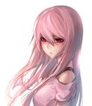  bangs bare_shoulders blush hair_between_eyes long_hair long_image looking_away luen_kulo portrait red_eyes short_sleeves signature simple_background solo tall_image upper_body white_background 