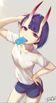  adjusting_hair alternate_costume arm_up bangs blue_shorts blunt_bangs breasts casual collarbone commentary_request contemporary cowboy_shot eyebrows_visible_through_hair eyeshadow fang fang_out fate/grand_order fate_(series) food food_in_mouth from_above grey_background grey_shirt gym_shirt gym_shorts hand_on_hip highres horns kotoribako leaning_forward looking_at_viewer looking_up makeup mouth_hold oni oni_horns parted_lips popsicle purple_eyes purple_hair shirt short_hair short_sleeves shorts shuten_douji_(fate/grand_order) signature simple_background small_breasts solo standing tsurime 