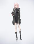  black_footwear boots coat expressionless full_body hand_in_pocket hand_up knee_boots legs_apart long_hair long_legs looking_at_viewer neco open_clothes open_coat original parted_lips pink_hair science_fiction sidelocks solo standing yellow_eyes 