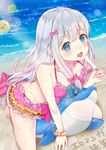  bangs bare_arms bare_legs bare_shoulders barefoot beach bikini blue_eyes blush bow bracelet breasts cleavage commentary_request day dolphin eromanga_sensei eyebrows_visible_through_hair flower food frilled_bikini frilled_skirt frills gradient_hair hair_bow highres holding holding_food inflatable_dolphin inflatable_toy izumi_sagiri jewelry jpeg_artifacts kneeling layered_bikini leaning_forward lens_flare light_rays long_hair looking_at_viewer low-tied_long_hair melting multicolored multicolored_bikini multicolored_clothes multicolored_hair nanakagura ocean octopus outdoors pearl_bracelet pink_bikini pink_bow pink_hair popsicle silver_hair skirt small_breasts solo summer sunbeam sunlight sweat swimsuit tareme very_long_hair water 