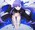  armor armored_boots asymmetrical_bangs bangs black_coat blue_ribbon boots commentary_request eyebrows_visible_through_hair fate/extra fate/extra_ccc fate_(series) flat_chest hair_ribbon hand_up karokuchitose long_hair long_sleeves looking_at_viewer meltlilith navel parted_lips petals purple_eyes purple_hair revealing_clothes ribbon sleeves_past_wrists smile solo thighhighs thighs 